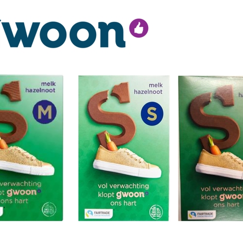 Veiligheidswaarschuwing hazelnoot melkchocoladeletters M, P en S van G'woon